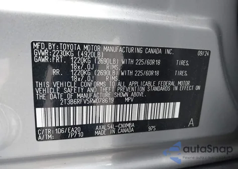 2024 Toyota Rav4 Hybrid Xle Premium z USA, uszkodzony, nr VIN 2T3B6RFV5RW078619